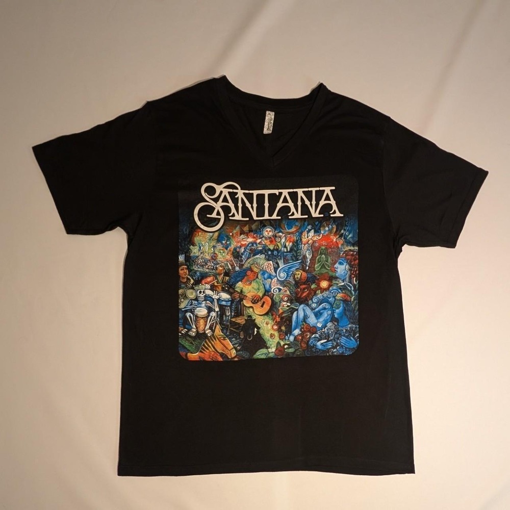 Santana Graphic V-Neck T-Shirt Black Size Large Rock Band Music Tee